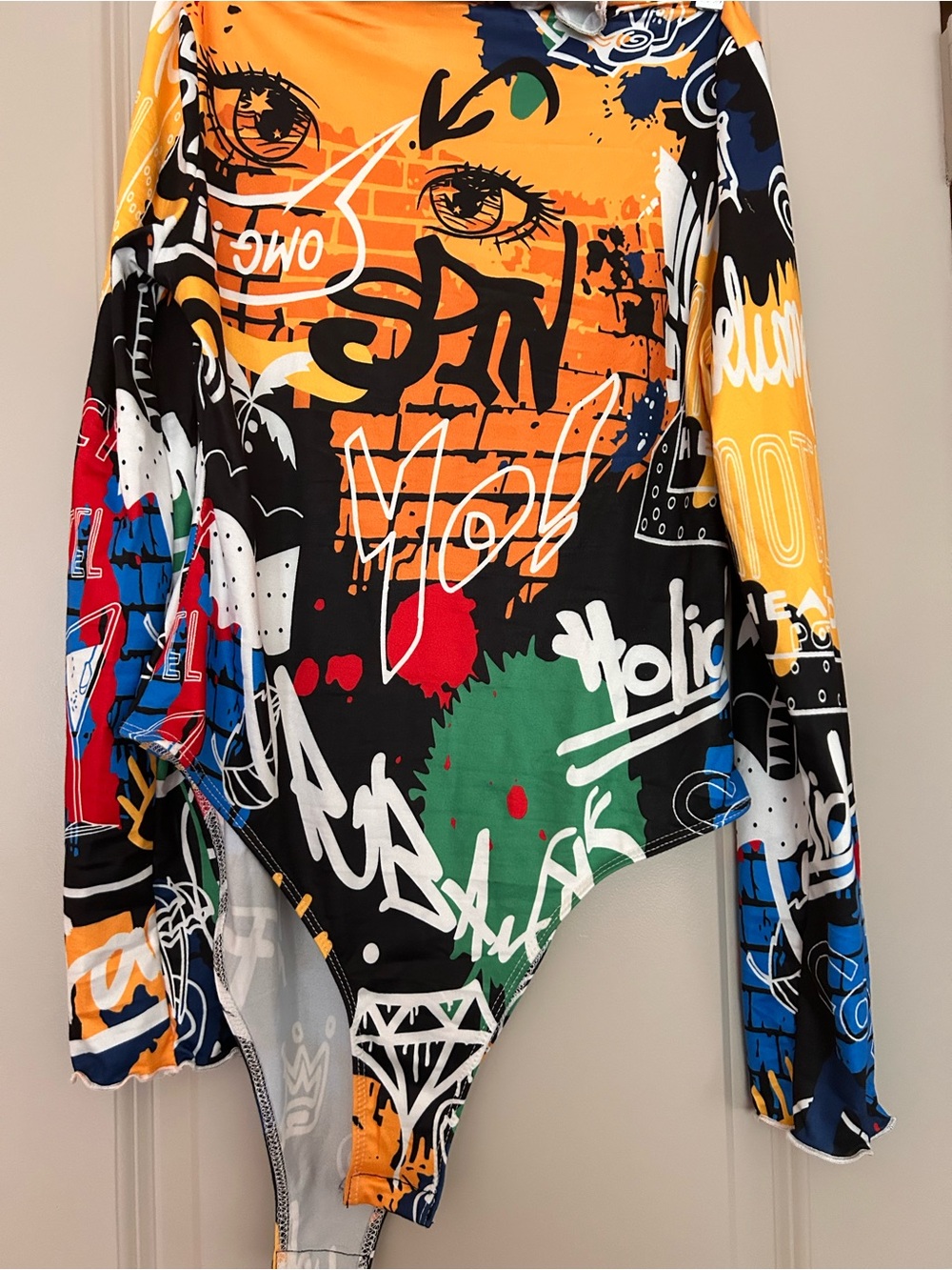 Graffiti Print Long Sleeve Bodysuit - Multicolor